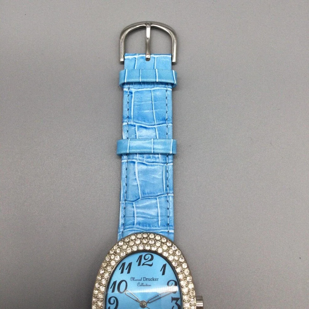 Manuel Drucker Womens Watch 33mm Blue Dial Crystals Leather 22-903 New Battery